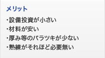 メリット　設備投資が小さい・材料が安い・厚み等のバラツキが少ない・熟練がそれほど必要ない